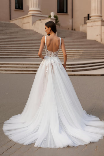 Ivory Square Neck Appliqued Bridal Gown Dress